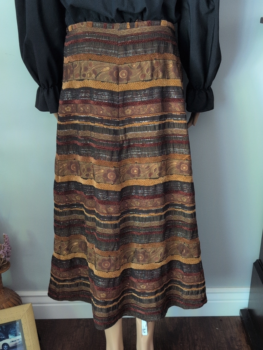 Gilani Vintage Boho Woven Midi Skirt Floral Stripe Earth Tones A-Line Size 18 - Picture 7 of 14